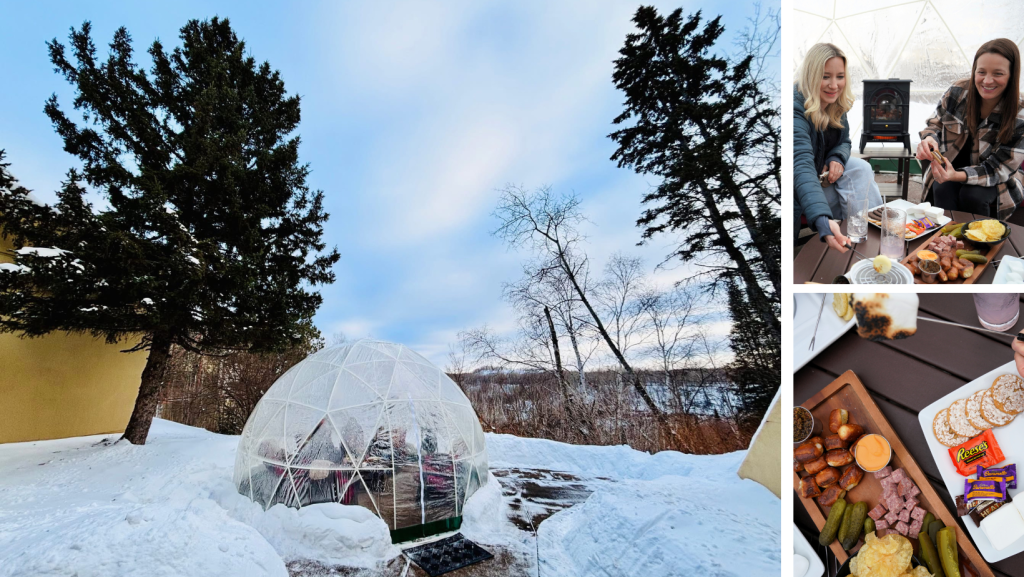 Left: A geometric, semi-transparent faux igloo on snowy ground overlooking Redhead MTB Park. Top right: Two women inside the faux igloo enjoying food. Bottom right: A tray of pretzel bites, dipping cheese, pickles, sausages, chips, and a plate of cookies, candies, and marshmallows.